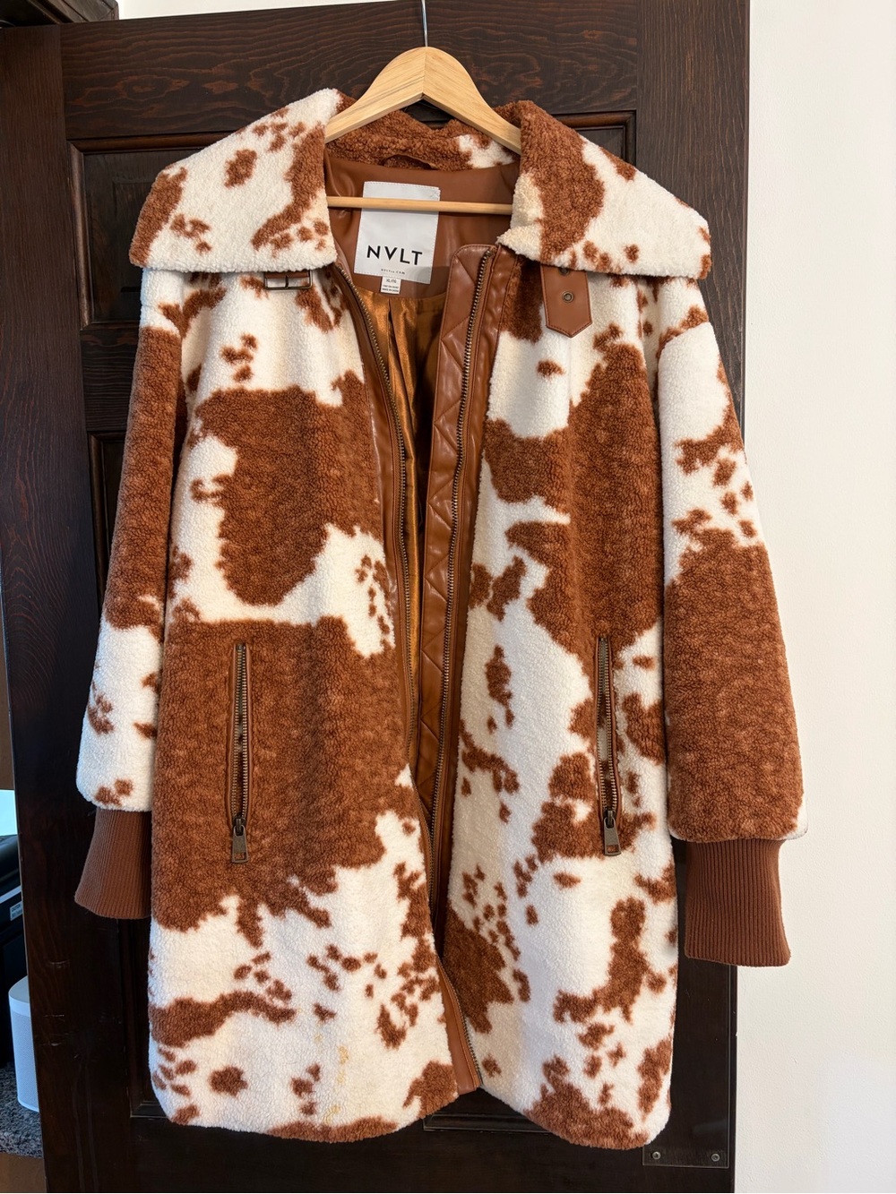 NVLT Women’s Cream and Brown Cow-Print Faux Shearling Coat